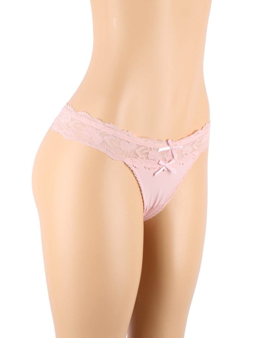 Pink Lace Mesh Panty with Bow Front, Criss - Cross Ribbon Back & Cotton Crotch Lining - TeaseFashion