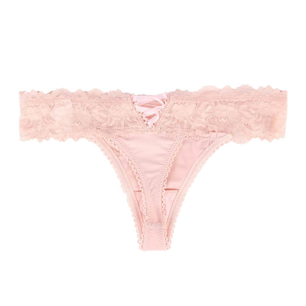 Pink Lace Mesh Panty with Bow Front, Criss - Cross Ribbon Back & Cotton Crotch Lining - TeaseFashion