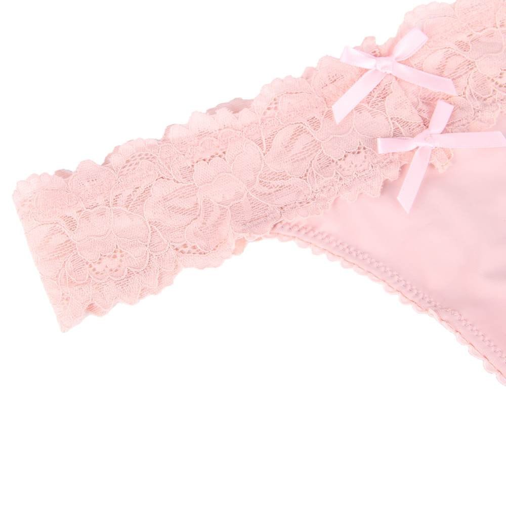 Pink Lace Mesh Panty with Bow Front, Criss - Cross Ribbon Back & Cotton Crotch Lining - TeaseFashion