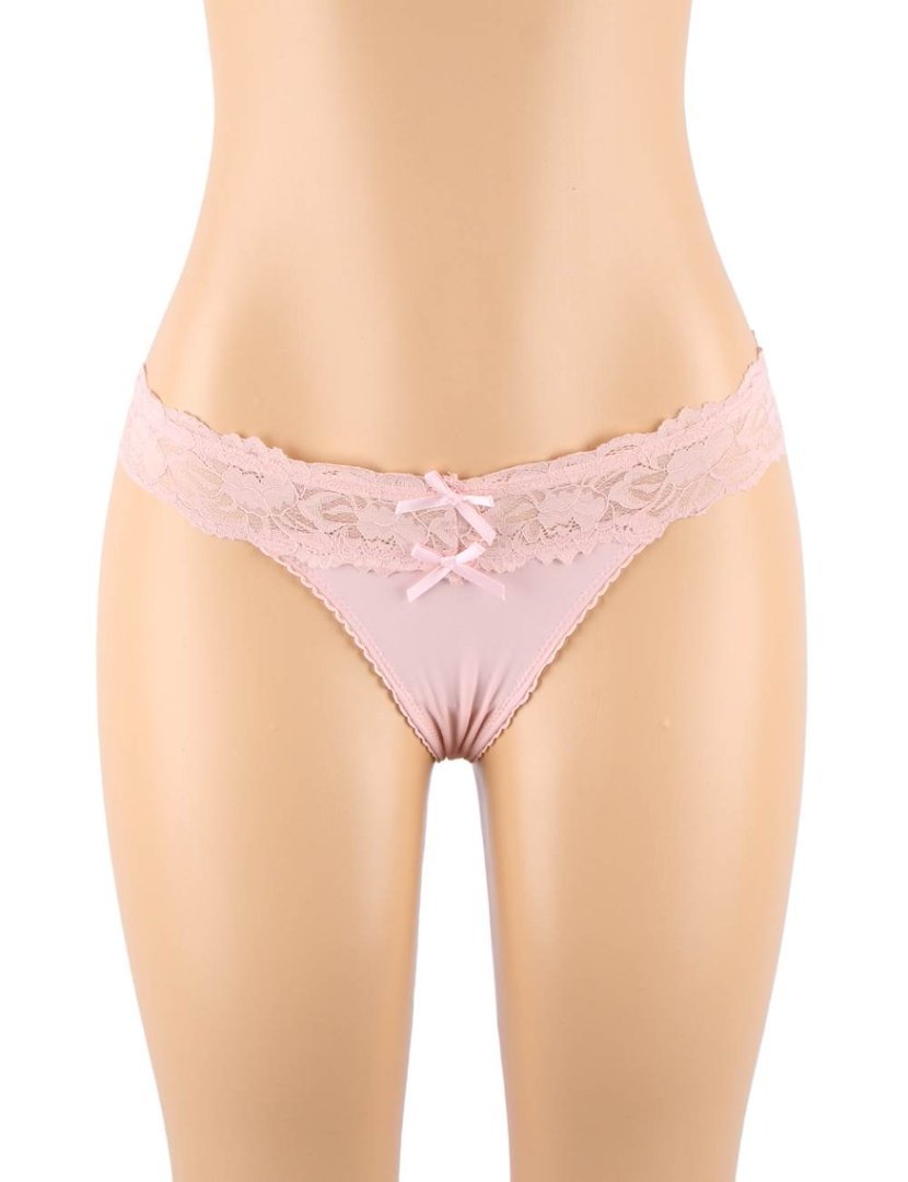 Pink Lace Mesh Panty with Bow Front, Criss - Cross Ribbon Back & Cotton Crotch Lining - TeaseFashion