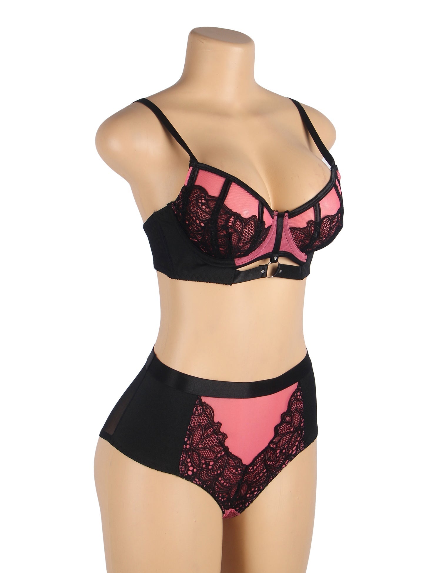 Pink Lace Mesh Push - Up Bra Set – Rhinestone Buckle & High Waist - TeaseFashion