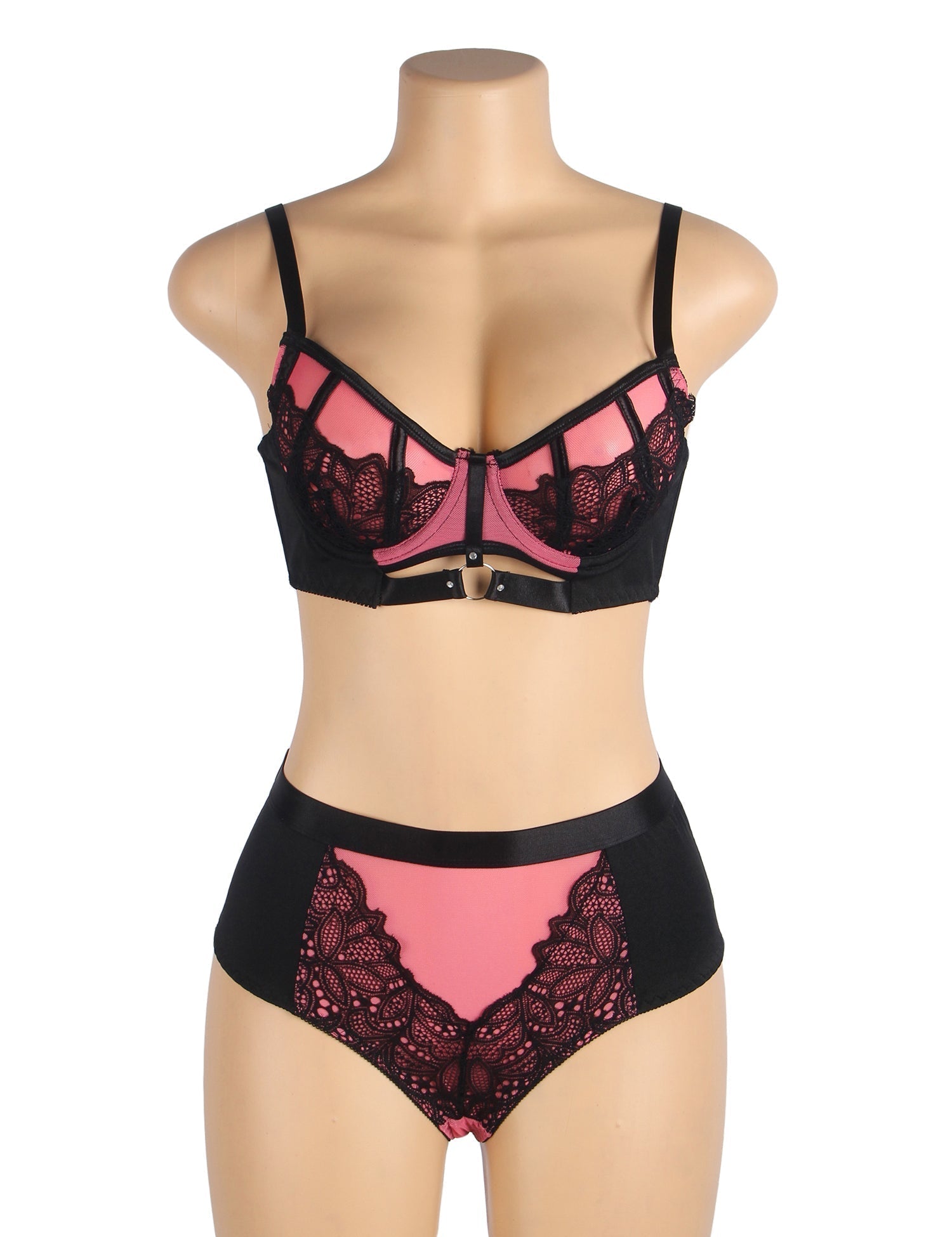 Pink Lace Mesh Push - Up Bra Set – Rhinestone Buckle & High Waist - TeaseFashion