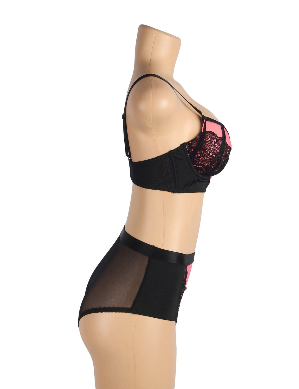 Pink Lace Mesh Push - Up Bra Set – Rhinestone Buckle & High Waist - TeaseFashion