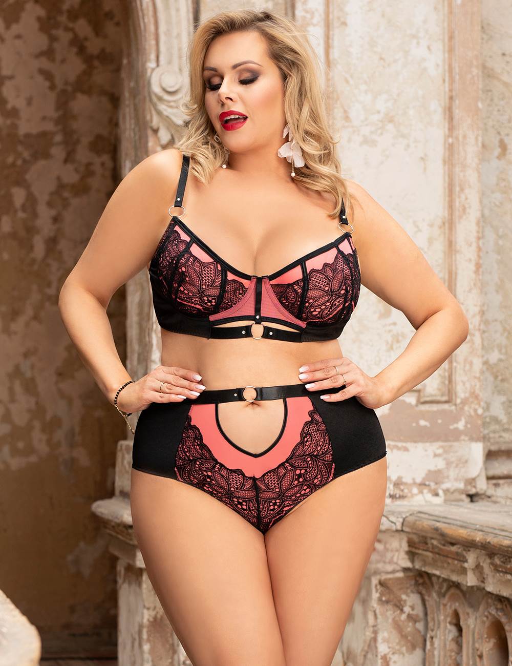 Pink Lace & Mesh Splice Bra Set – Underwire, Rhinestone Clasps, High Waist & Wide Elastic Band - TeaseFashion