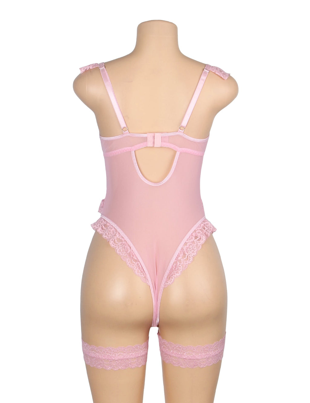 Pink Lace & Mesh Teddy with 3D Floral Embroidery & Bow Garter - TeaseFashion