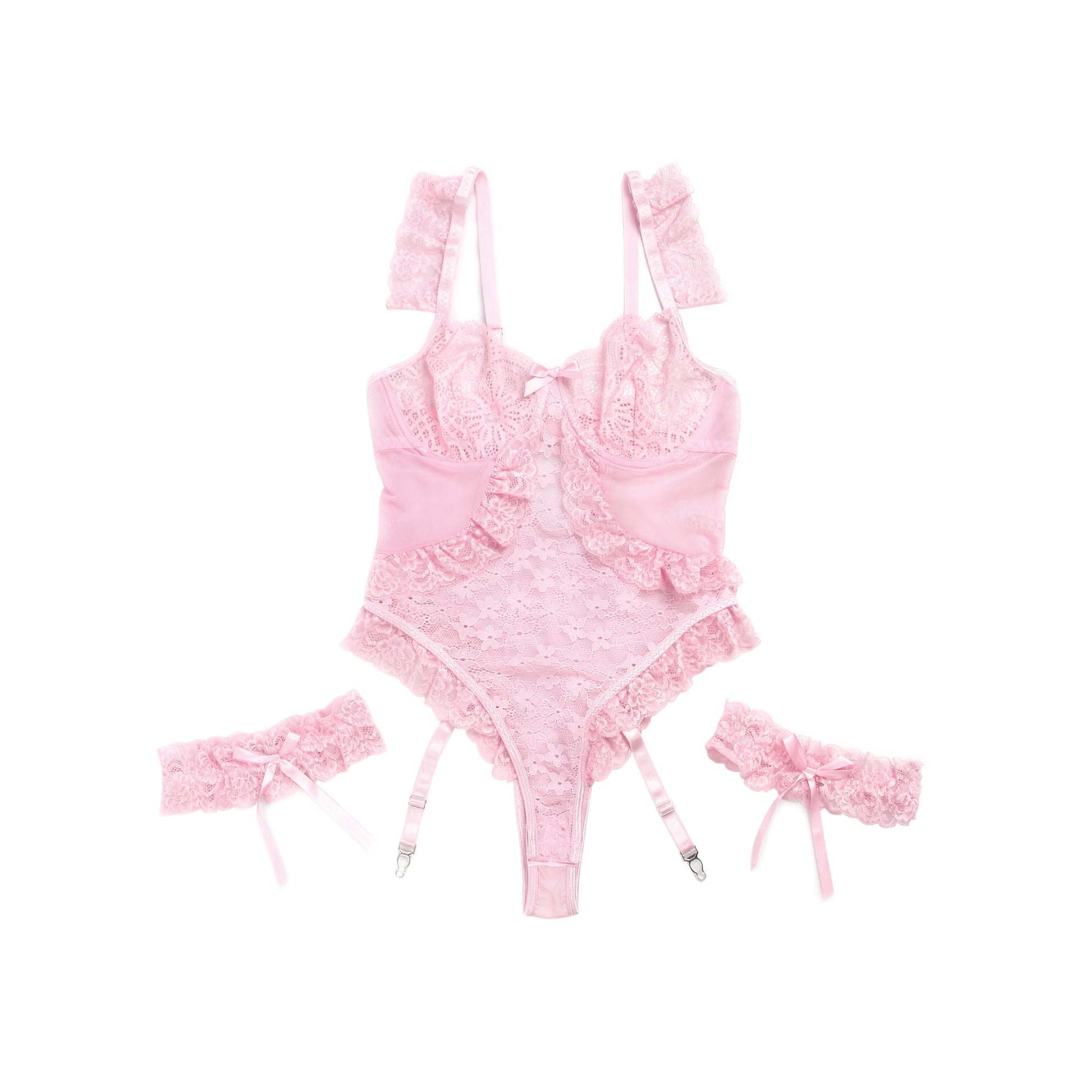 Pink Lace & Mesh Teddy with 3D Floral Embroidery & Bow Garter - TeaseFashion