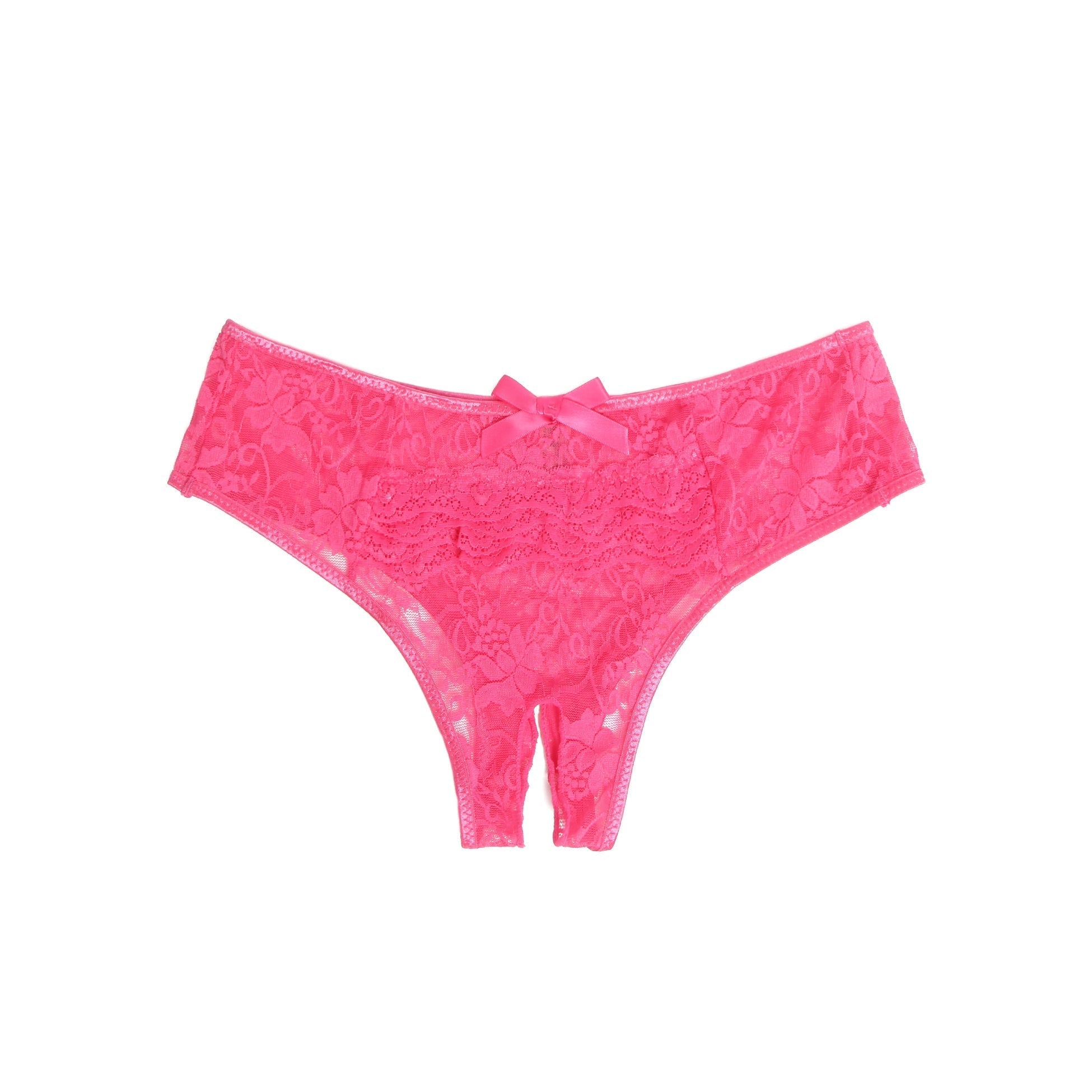 Pink Lace Triangle Panty with Multi - Layer Back Trim, Bow Detail & Open Crotch - TeaseFashion