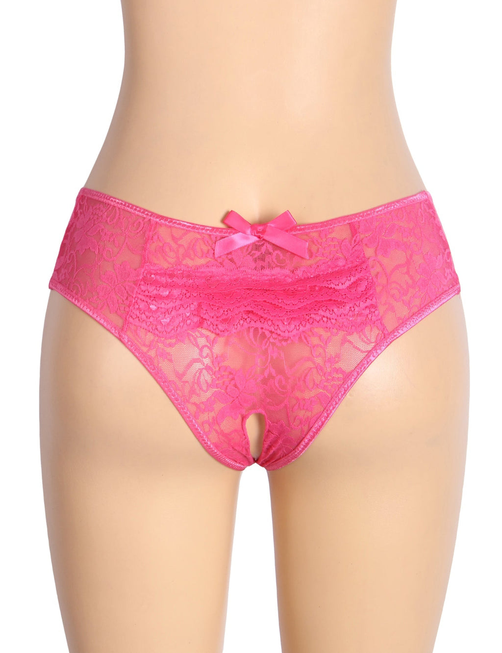 Pink Lace Triangle Panty with Multi - Layer Back Trim, Bow Detail & Open Crotch - TeaseFashion