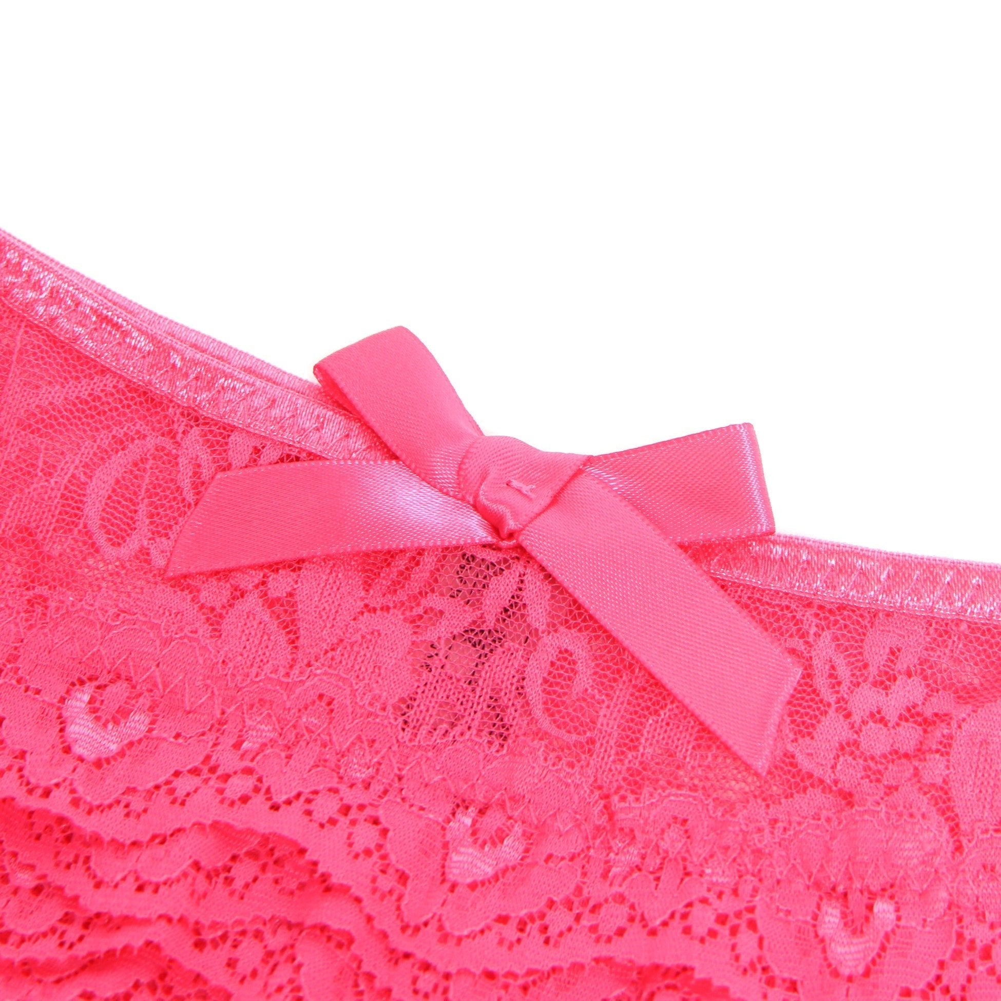 Pink Lace Triangle Panty with Multi - Layer Back Trim, Bow Detail & Open Crotch - TeaseFashion