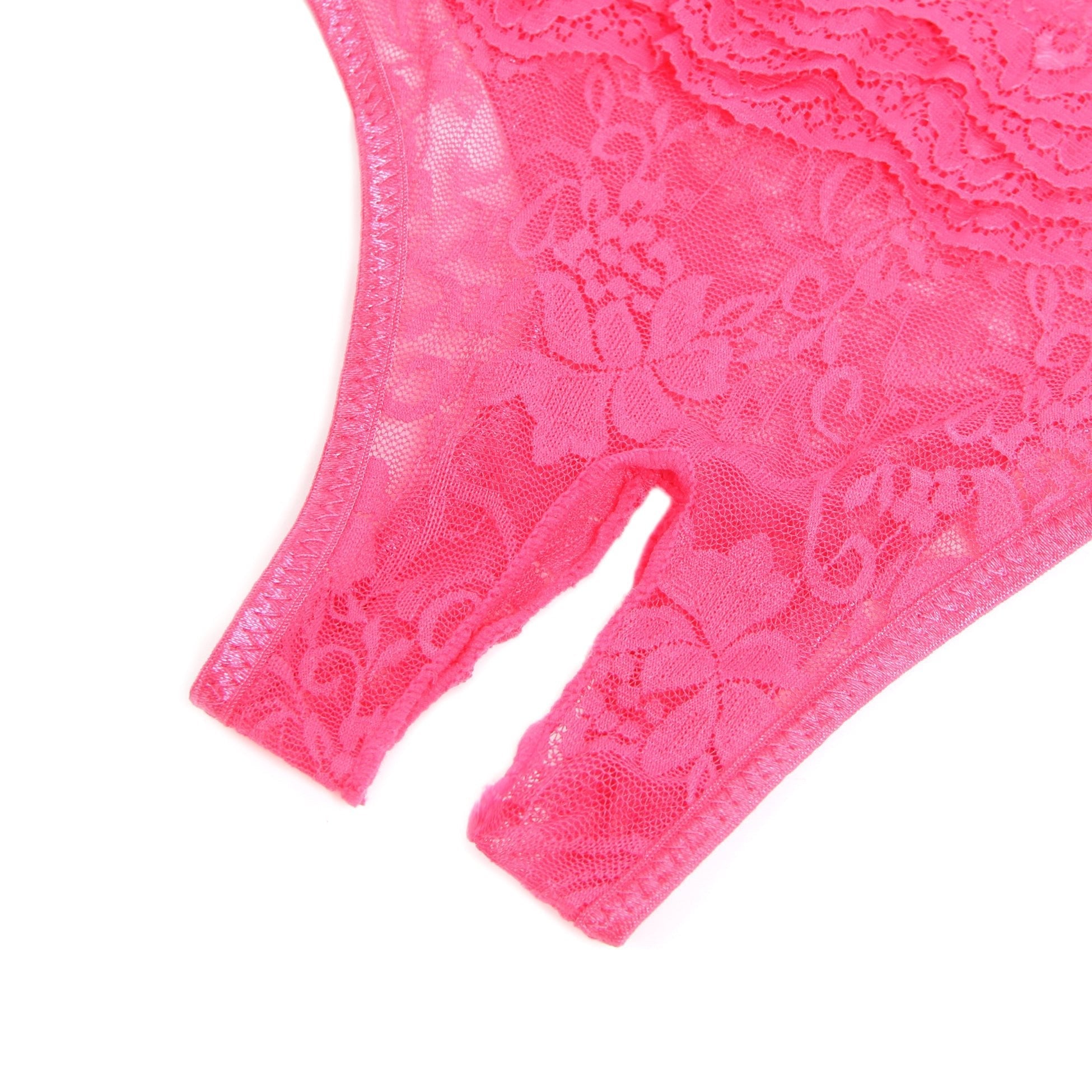 Pink Lace Triangle Panty with Multi - Layer Back Trim, Bow Detail & Open Crotch - TeaseFashion