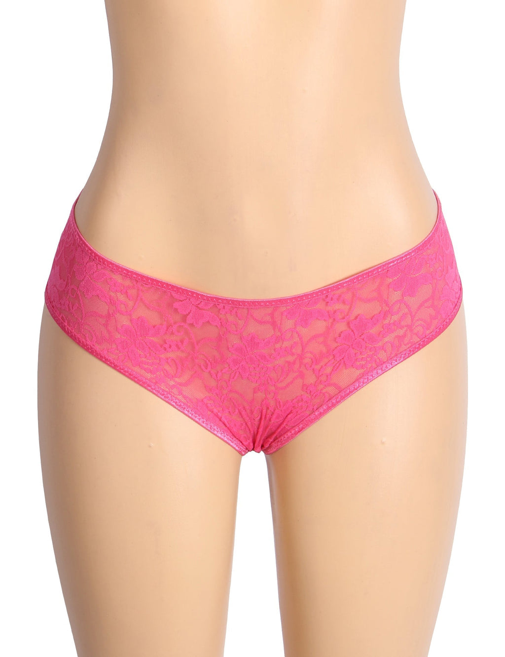 Pink Lace Triangle Panty with Multi - Layer Back Trim, Bow Detail & Open Crotch - TeaseFashion
