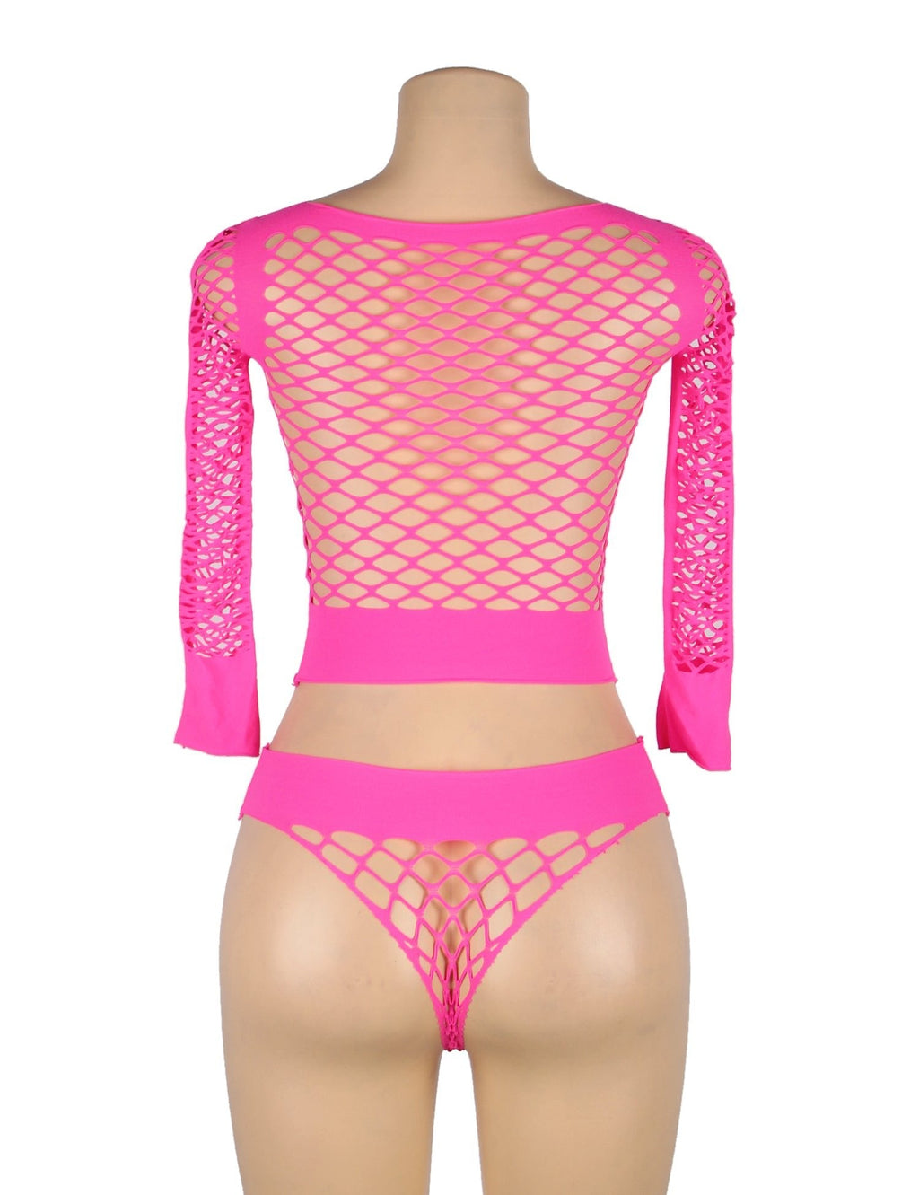 Pink Long Sleeve Two - Piece Bodystocking With Fishnet Crop Top And Bottom - TeaseFashion