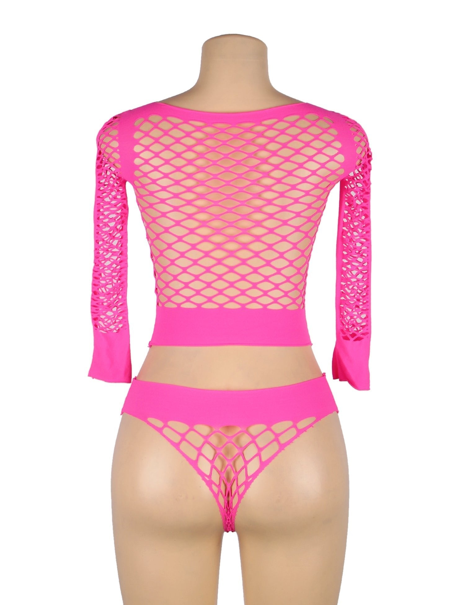Pink Long Sleeve Two - Piece Bodystocking With Fishnet Crop Top And Bottom - TeaseFashion