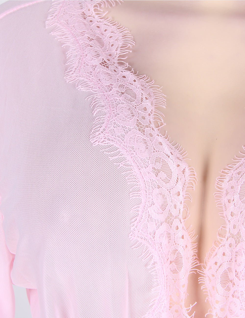 Pink Mesh Babydoll Robe – Long Sleeve, Eyelash Lace Trim, Faux Silk Belt & Matching Thong - TeaseFashion