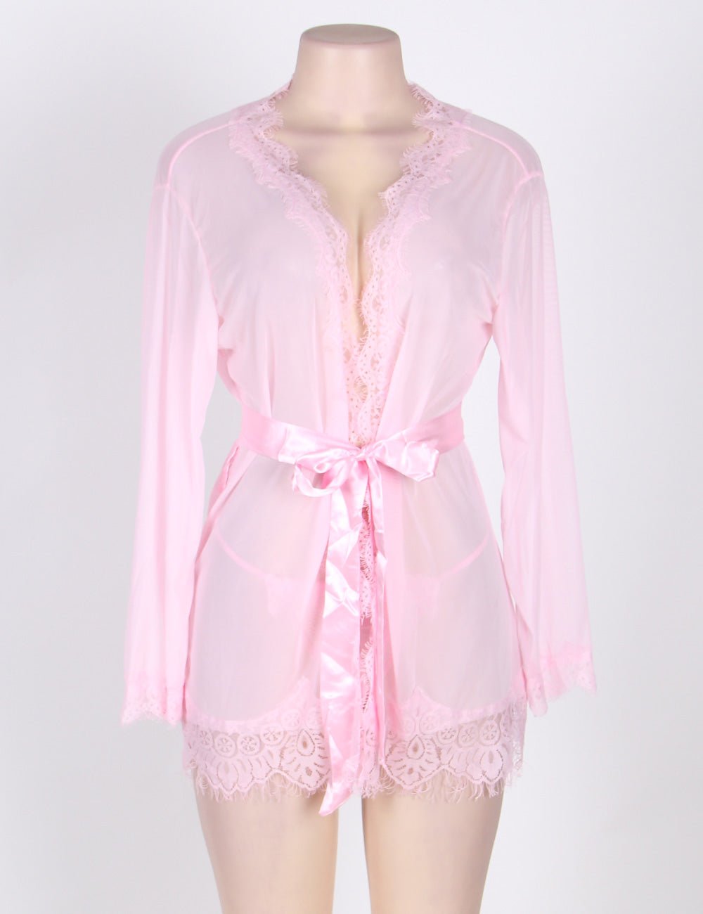 Pink Mesh Babydoll Robe – Long Sleeve, Eyelash Lace Trim, Faux Silk Belt & Matching Thong - TeaseFashion