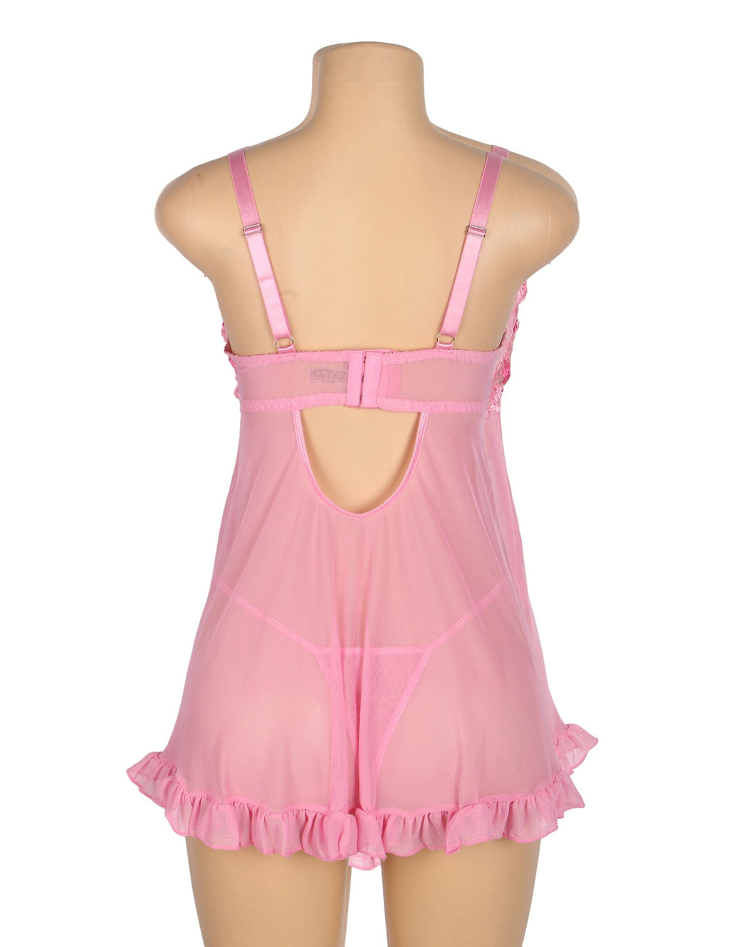 Pink Mesh Babydoll with 3D Floral Embroidery, Bow Accent, Ruffled Hem, Self - Lifting Bust & T - Pants Set - TeaseFashion
