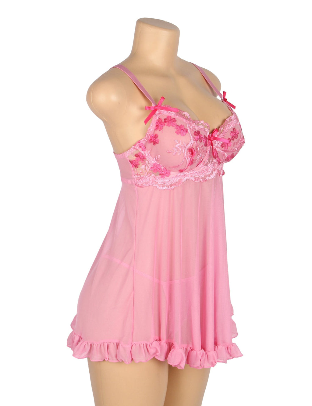 Pink Mesh Babydoll with 3D Floral Embroidery, Bow Accent, Ruffled Hem, Self - Lifting Bust & T - Pants Set - TeaseFashion