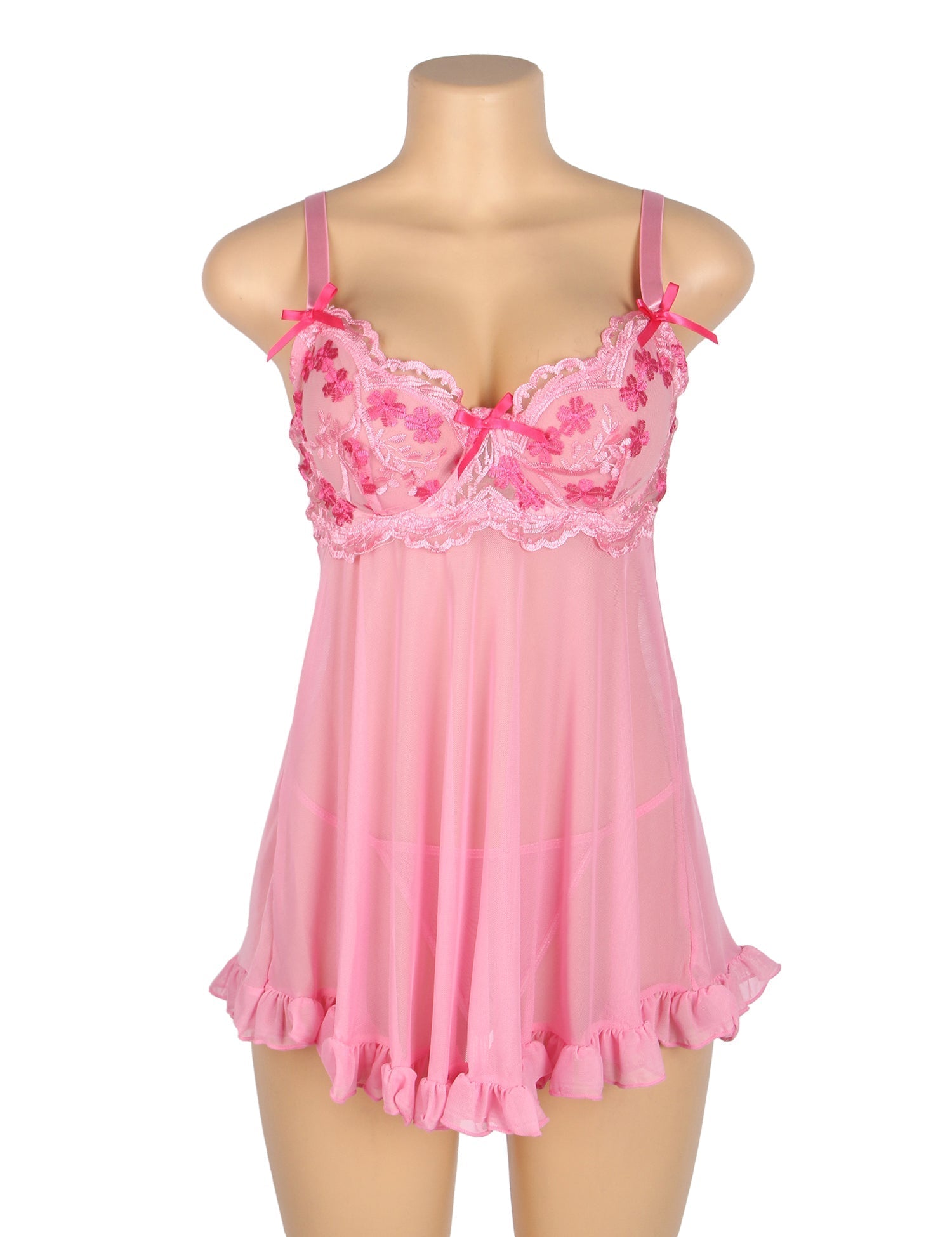 Pink Mesh Babydoll with 3D Floral Embroidery, Bow Accent, Ruffled Hem, Self - Lifting Bust & T - Pants Set - TeaseFashion