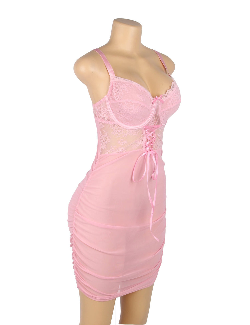 Pink Mesh & Lace Underwired Babydoll with Cross - Front Straps, Bow Embellishment & Adjustable Back Hook - TeaseFashion