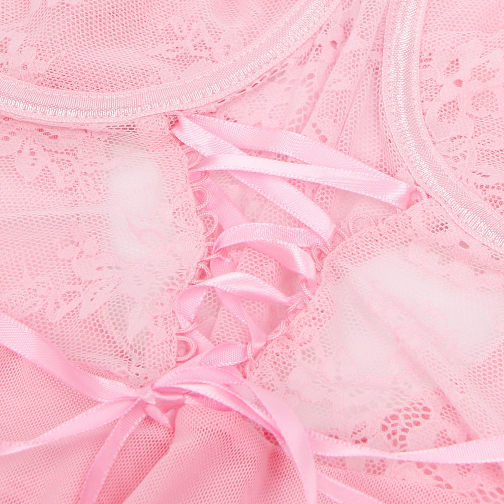Pink Mesh & Lace Underwired Babydoll with Cross - Front Straps, Bow Embellishment & Adjustable Back Hook - TeaseFashion
