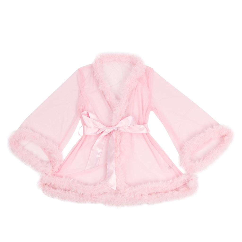 Pink Mesh & Mink Fur Trim Short Robe – Long Sleeves & Satin Belt - TeaseFashion