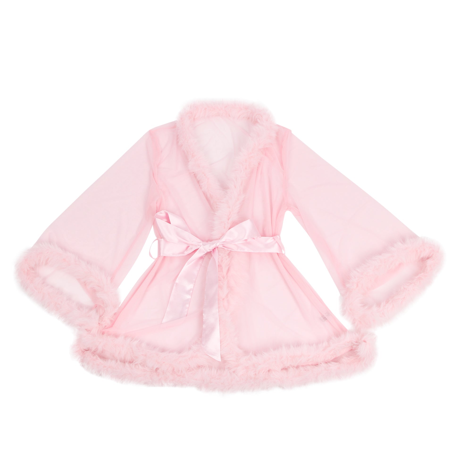 Pink Mesh & Mink Fur Trim Short Robe – Long Sleeves & Satin Belt - TeaseFashion