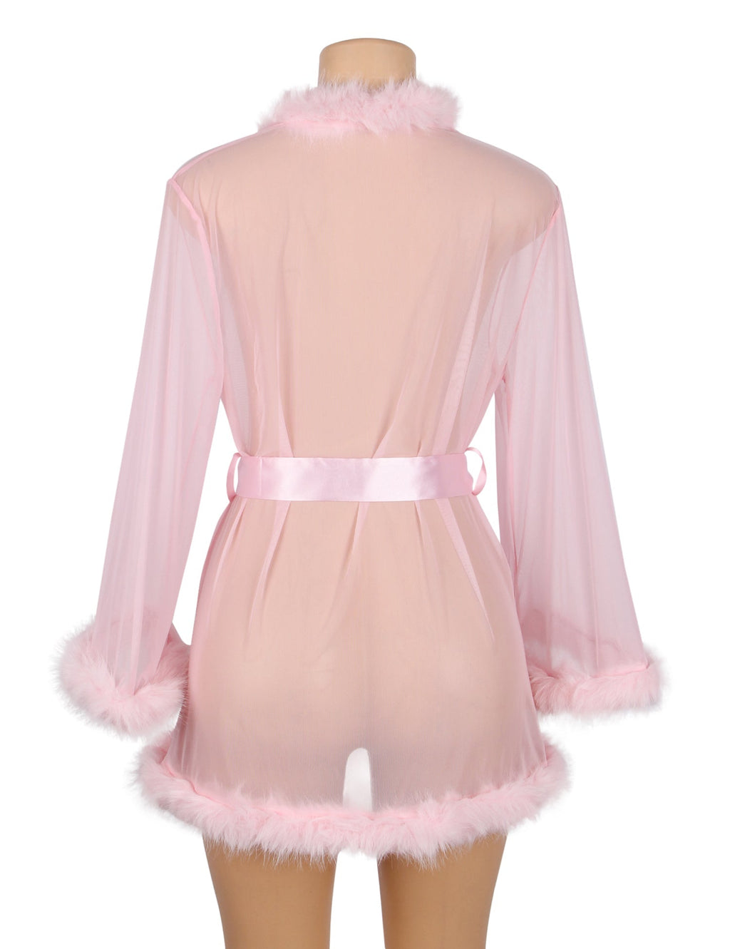 Pink Mesh & Mink Fur Trim Short Robe – Long Sleeves & Satin Belt - TeaseFashion