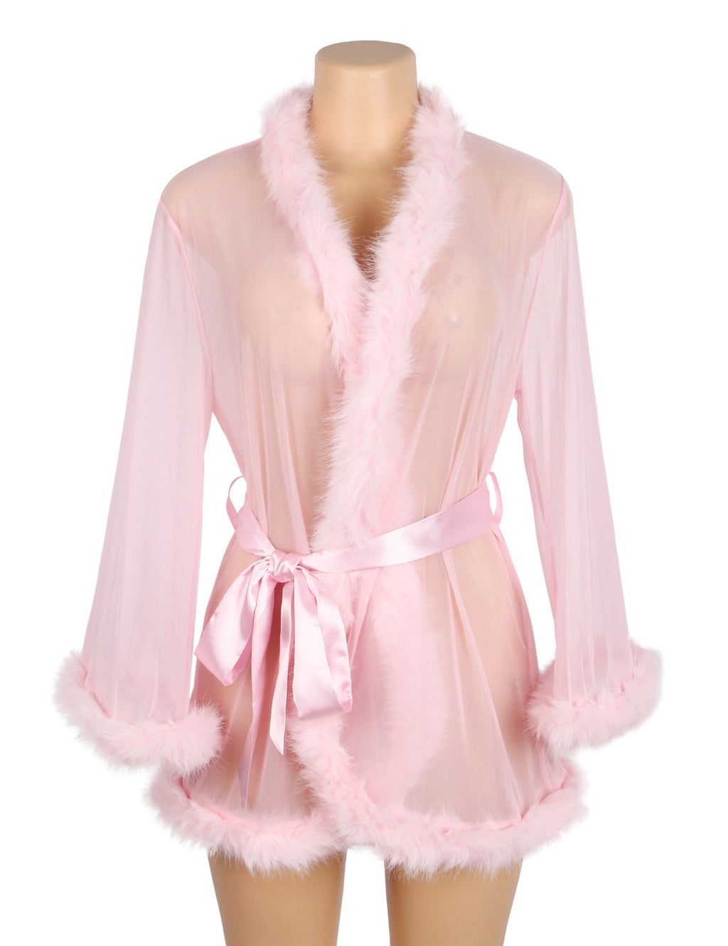 Pink Mesh & Mink Fur Trim Short Robe – Long Sleeves & Satin Belt - TeaseFashion