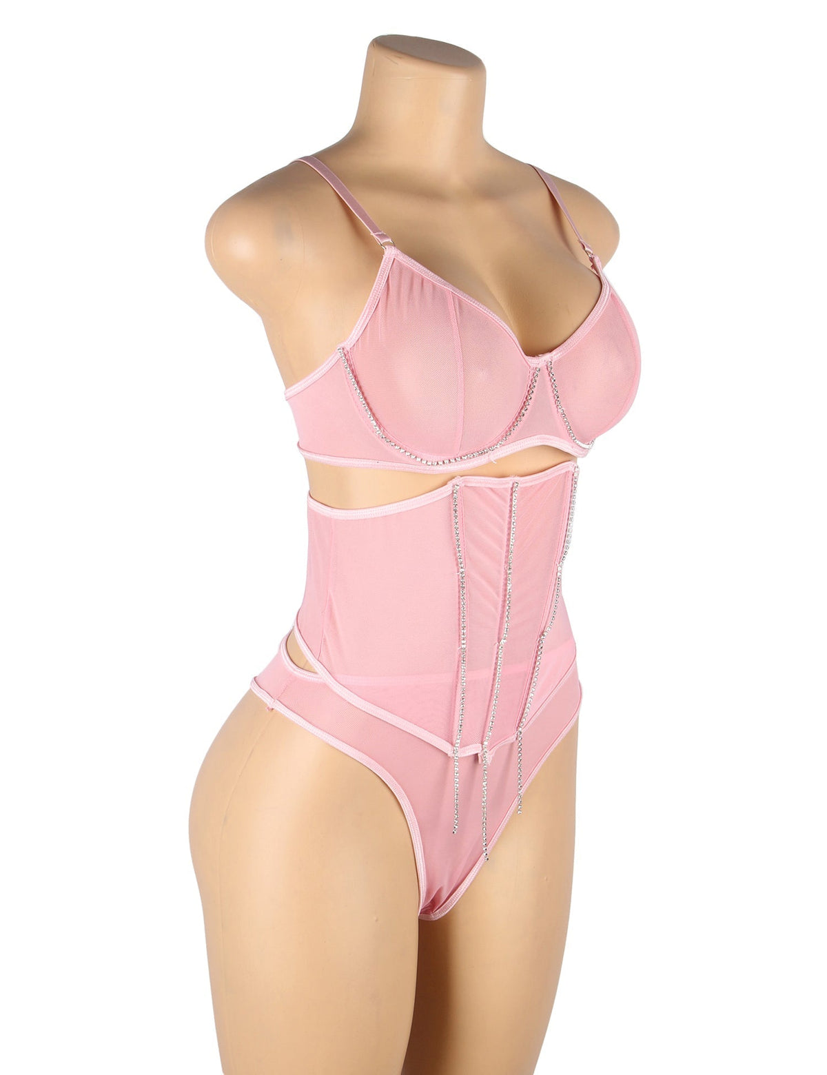 Pink Mesh Rhinestone Lingerie Set – Underwire & Boned Cincher - TeaseFashion