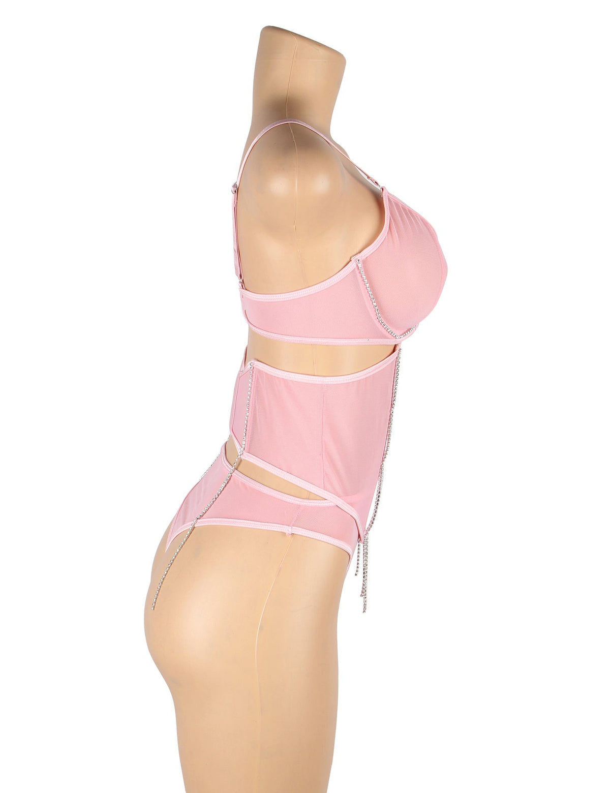 Pink Mesh Rhinestone Lingerie Set – Underwire & Boned Cincher - TeaseFashion
