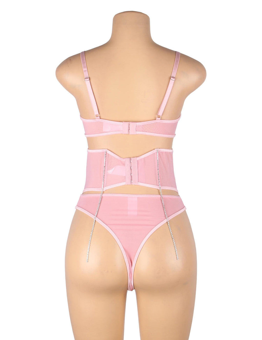 Pink Mesh Rhinestone Lingerie Set – Underwire & Boned Cincher - TeaseFashion