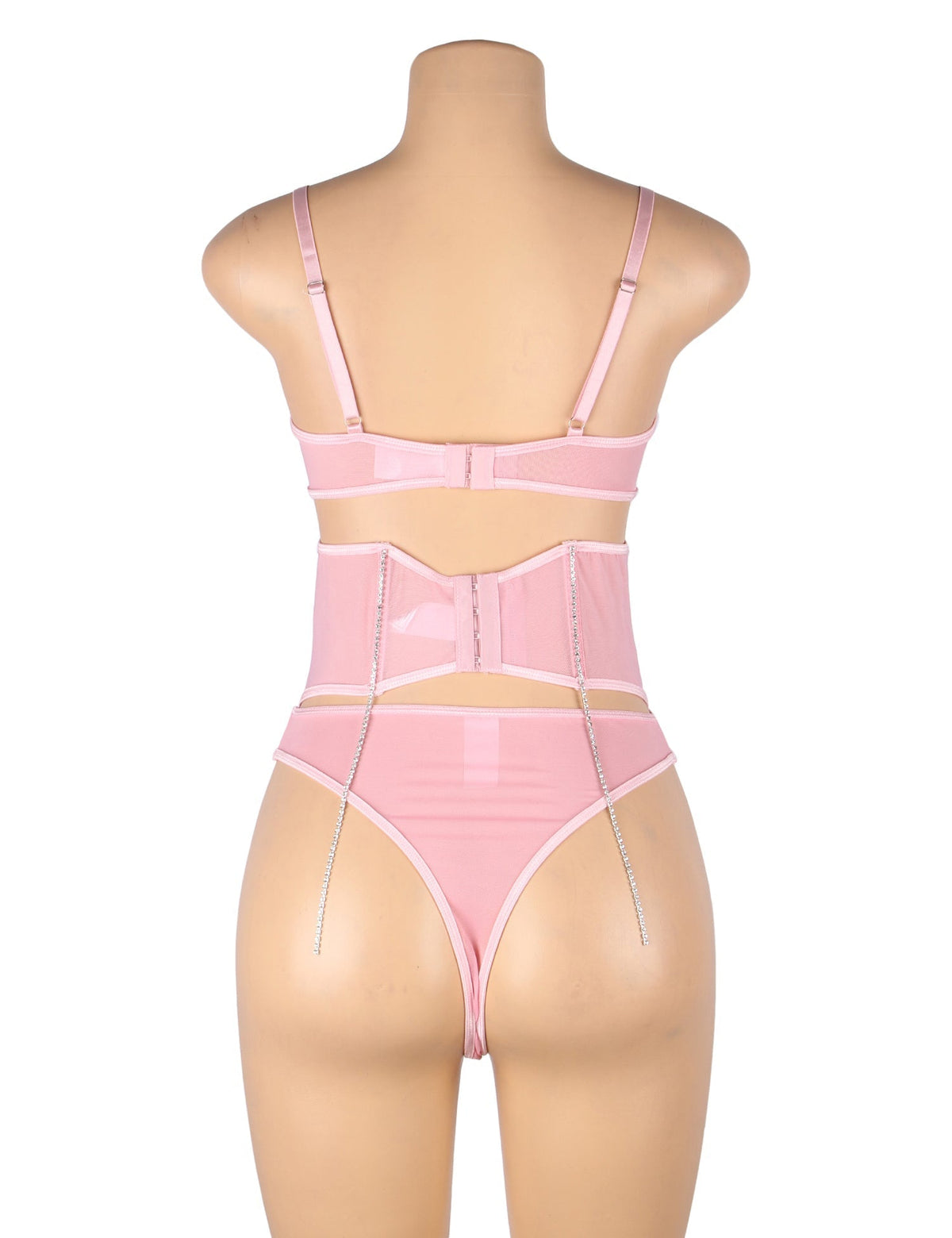 Pink Mesh Rhinestone Lingerie Set – Underwire & Boned Cincher - TeaseFashion