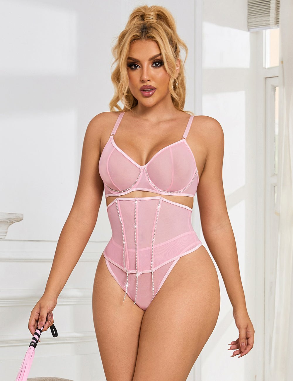 Pink Mesh Rhinestone Lingerie Set – Underwire & Boned Cincher - TeaseFashion