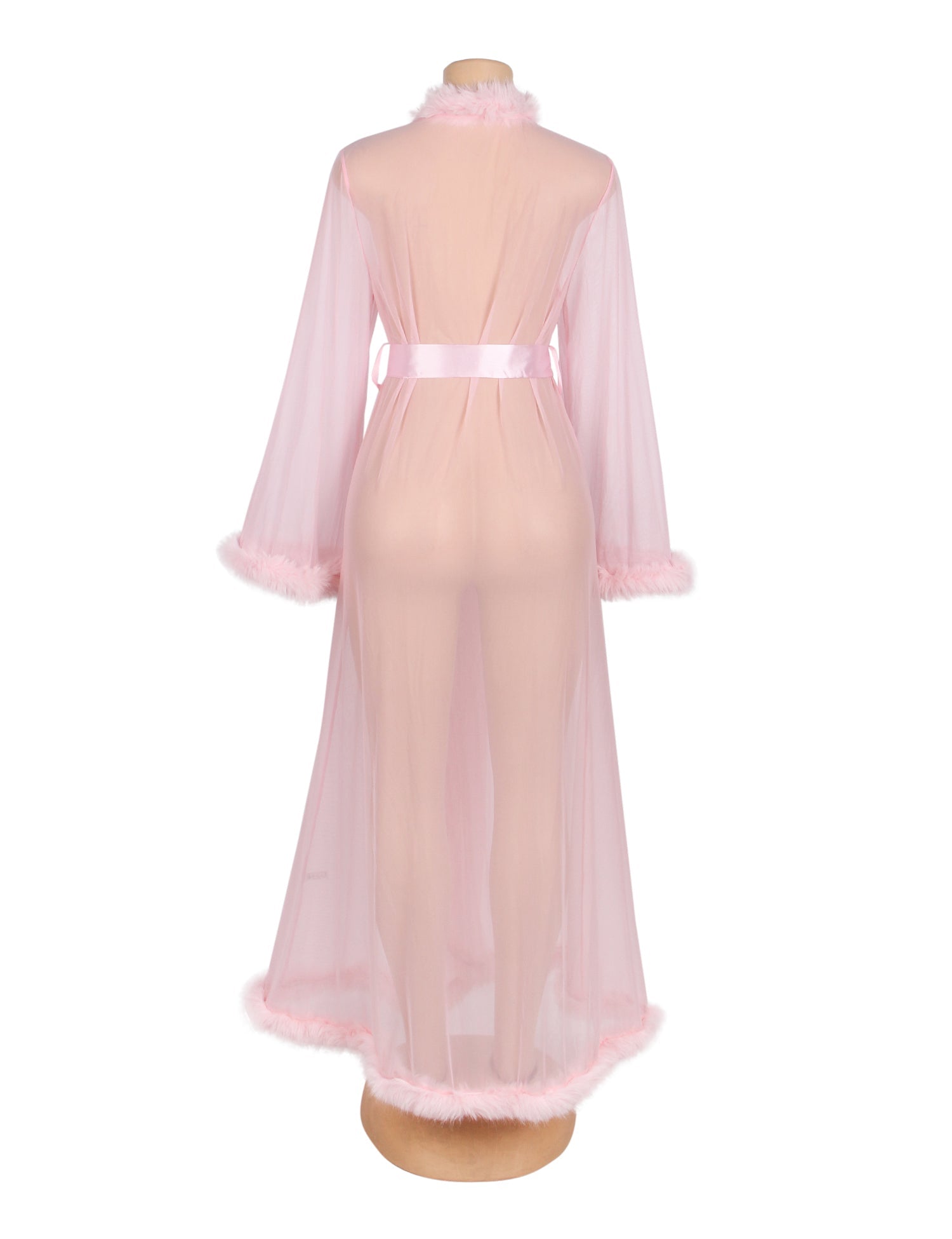 Pink Mesh Robe – Faux Mink Fur Trim, Long Sleeve, Floor - Length & Silk Belt - TeaseFashion
