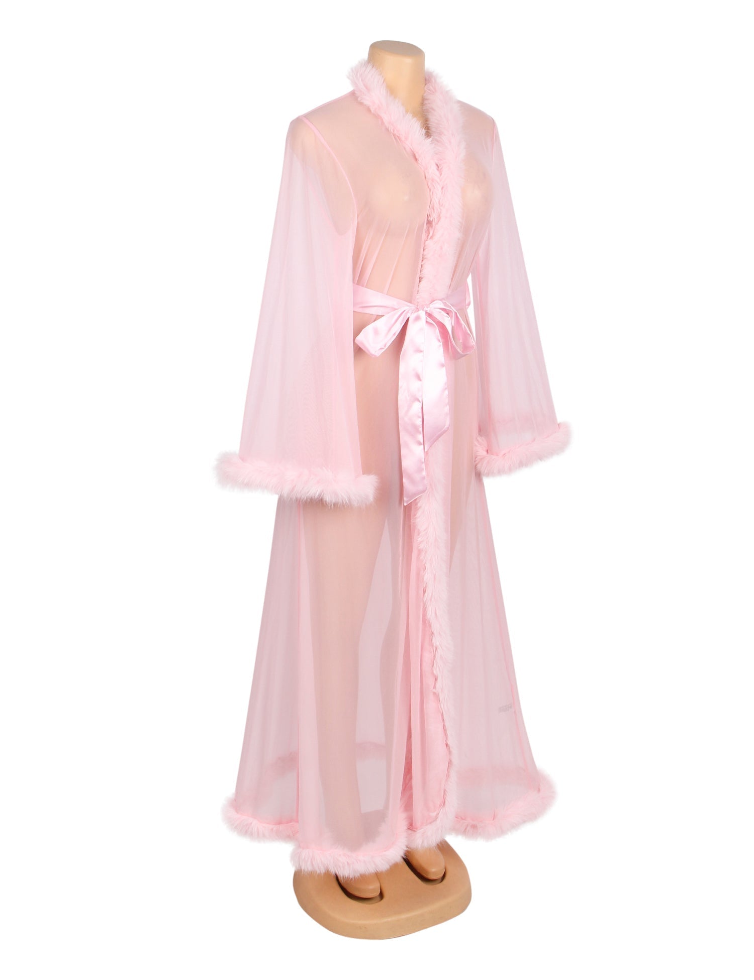 Pink Mesh Robe – Faux Mink Fur Trim, Long Sleeve, Floor - Length & Silk Belt - TeaseFashion