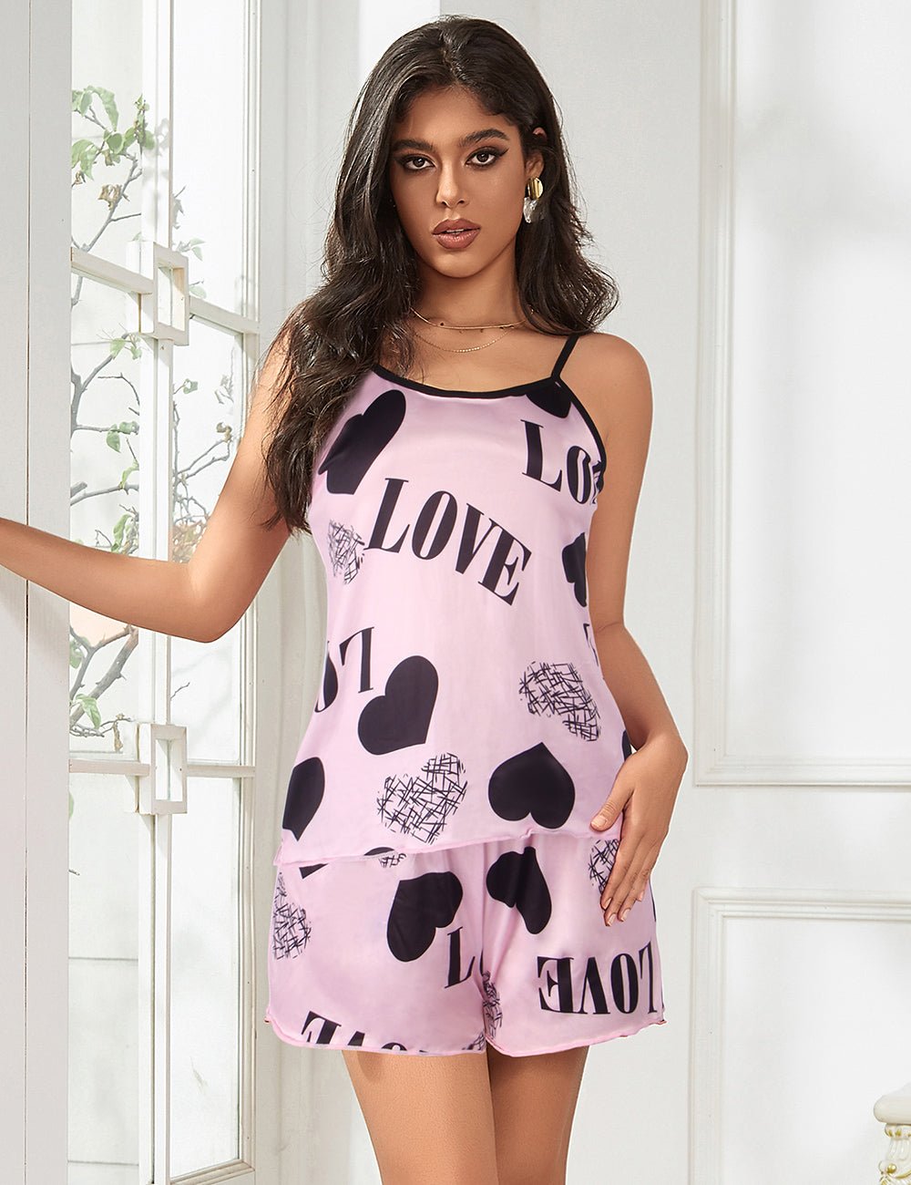 Pink Print Suspender Home Wear Pajama Set - TeaseFashion