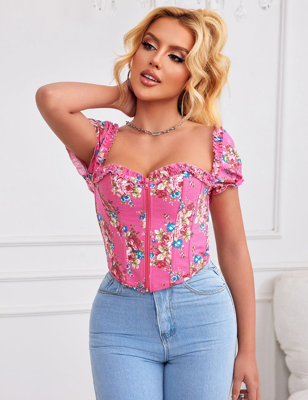 Pink Printed Corset with Puff Sleeves & Heart Bustier - TeaseFashion