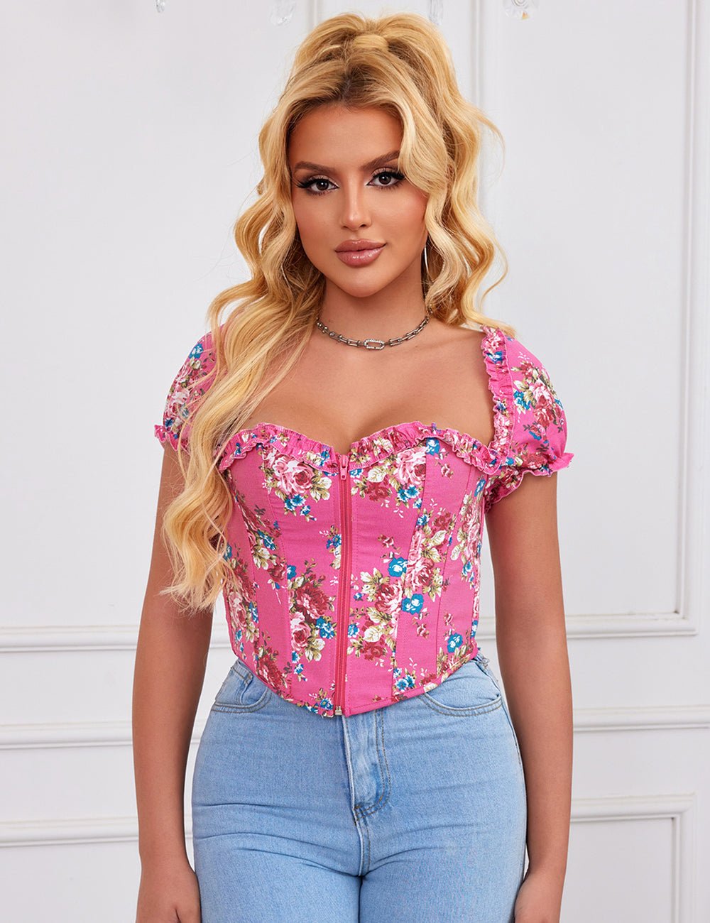 Pink Printed Corset with Puff Sleeves & Heart Bustier - TeaseFashion
