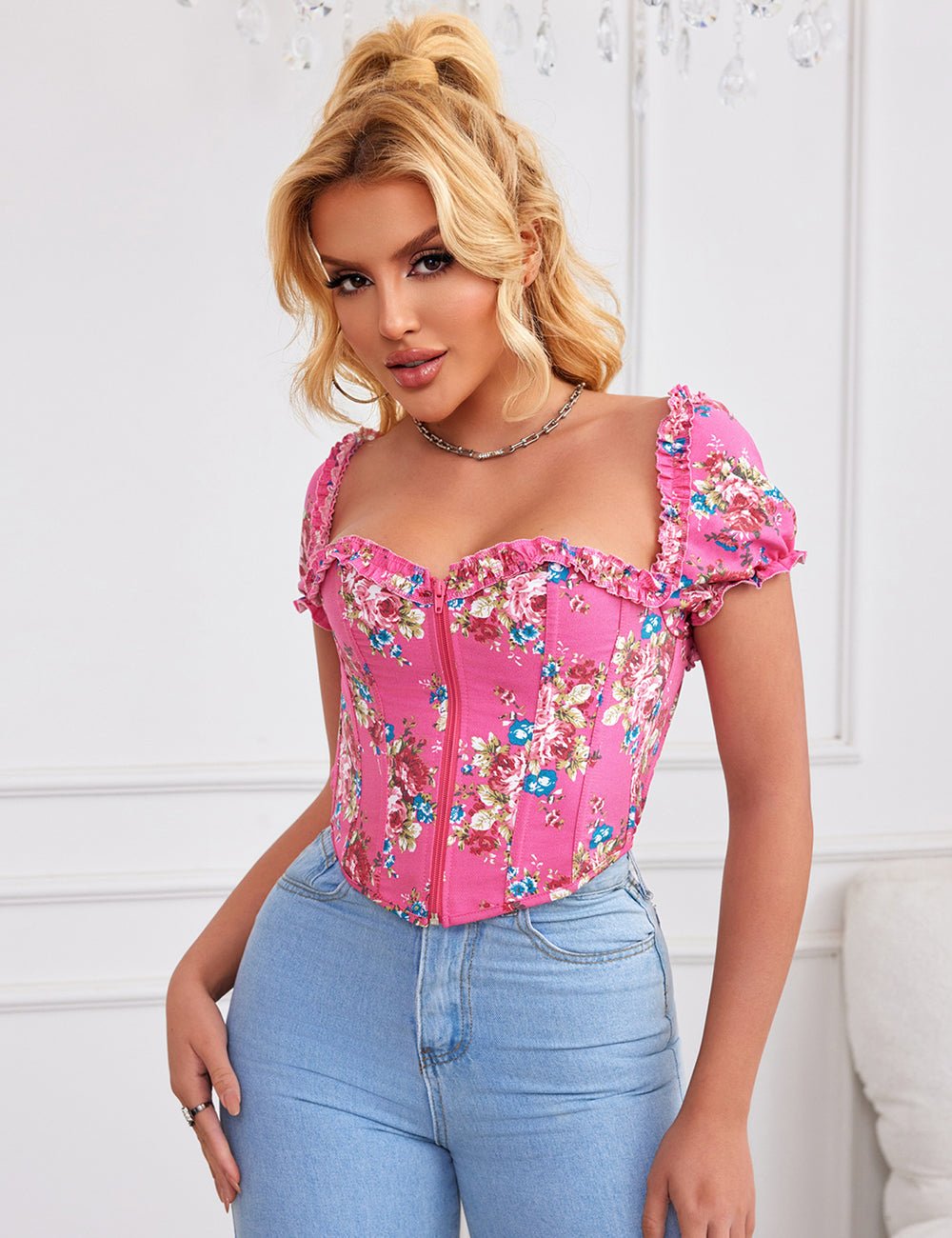 Pink Printed Corset with Puff Sleeves & Heart Bustier - TeaseFashion