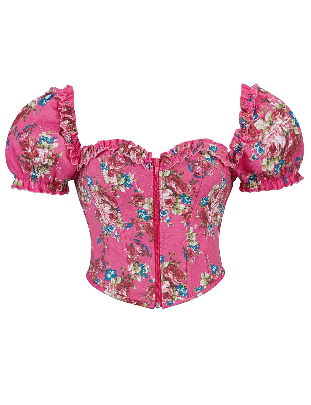 Pink Printed Corset with Puff Sleeves & Heart Bustier - TeaseFashion