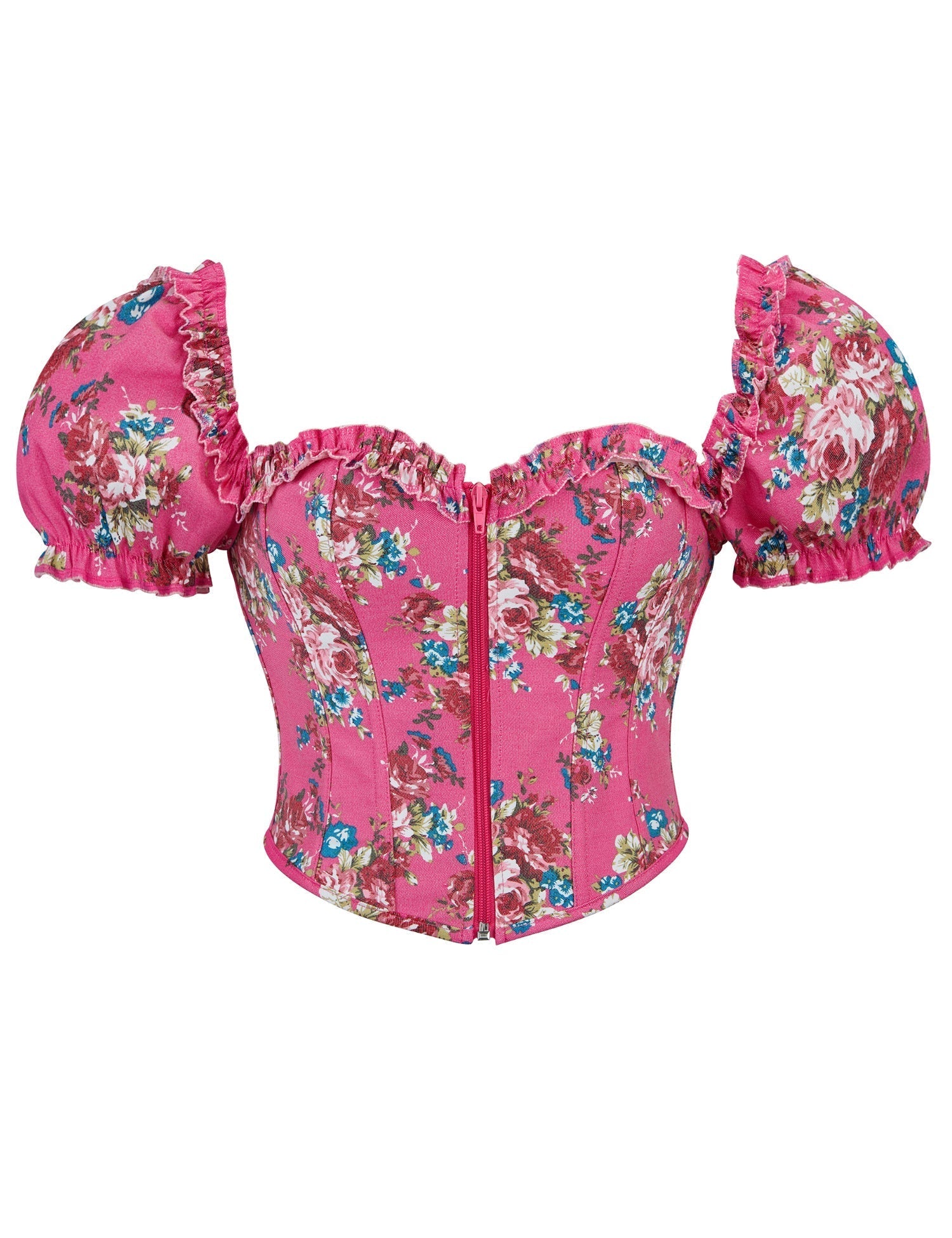 Pink Printed Corset with Puff Sleeves & Heart Bustier - TeaseFashion