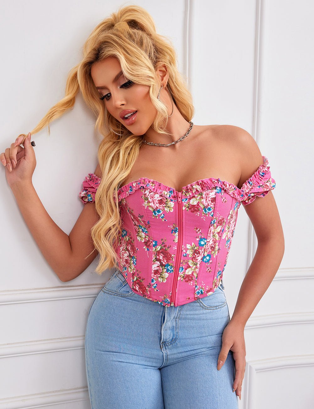 Pink Printed Corset with Puff Sleeves & Heart Bustier - TeaseFashion