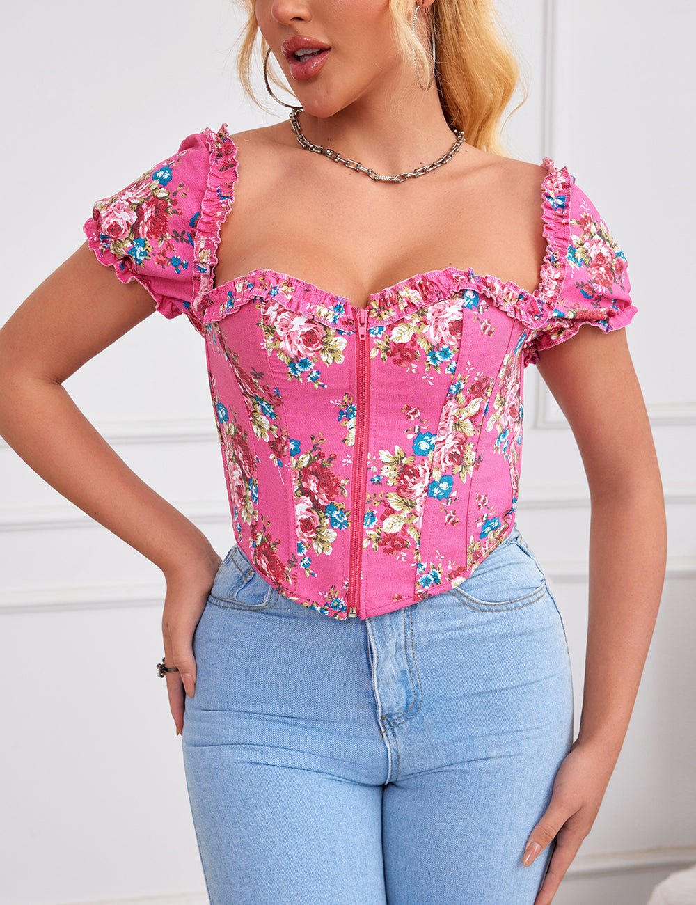 Pink Printed Corset with Puff Sleeves & Heart Bustier - TeaseFashion