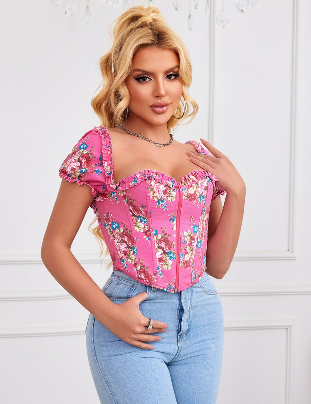 Pink Printed Corset with Puff Sleeves & Heart Bustier - TeaseFashion