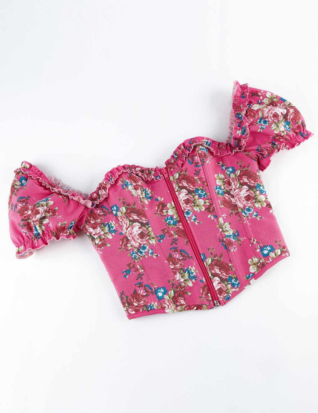 Pink Printed Corset with Puff Sleeves & Heart Bustier - TeaseFashion