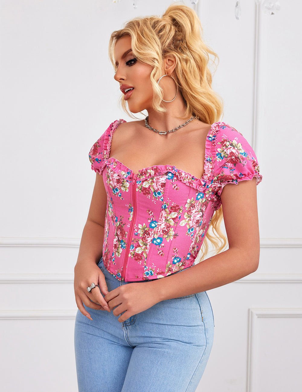 Pink Printed Corset with Puff Sleeves & Heart Bustier - TeaseFashion