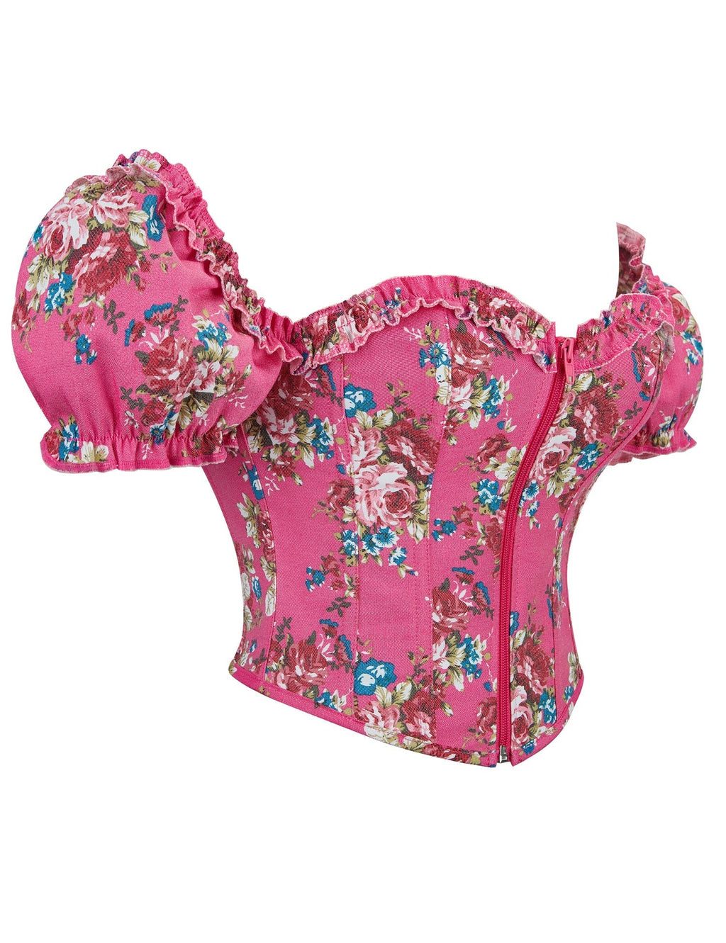 Pink Printed Corset with Puff Sleeves & Heart Bustier - TeaseFashion