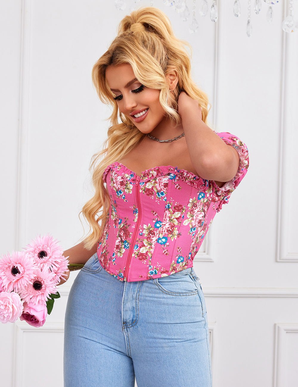 Pink Printed Corset with Puff Sleeves & Heart Bustier - TeaseFashion
