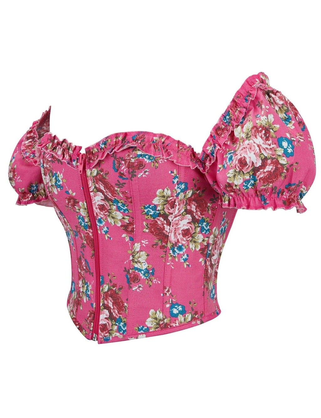 Pink Printed Corset with Puff Sleeves & Heart Bustier - TeaseFashion