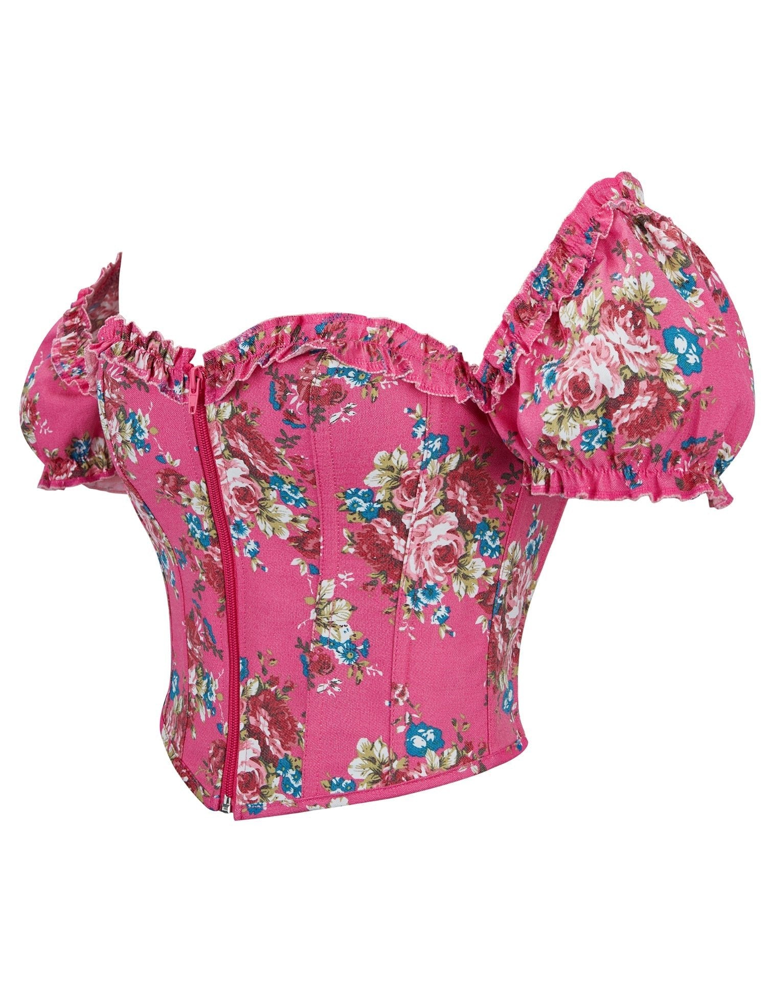 Pink Printed Corset with Puff Sleeves & Heart Bustier - TeaseFashion